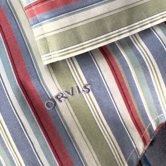 Orvis Top Womens size 10 Button Down No Wrinkle Stripe Multicolor Logo Unisex - Picture 5 of 5